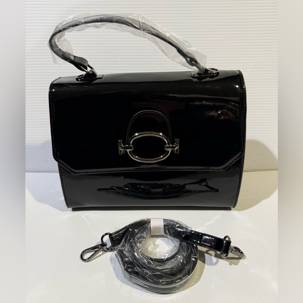 NWT Elegant Black Patent Vegan Leather Spacious Handbag